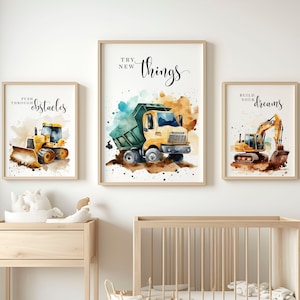 Construction Vehicles Boy Wall Art Yellow, Nursery wall art Construction Vehicles, Truck prints for boys room, Construction Wall Art, kids