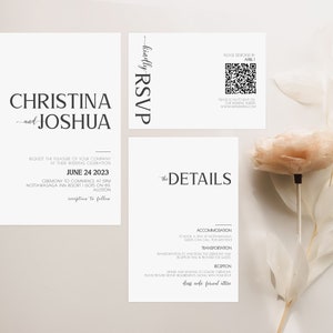 Wedding Invitation suite elegant bundle With Qr Code Rsvp Minimalist Wedding, Downloadable wedding invitations sets minimalist modern MN