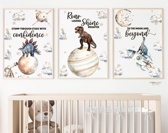 Space Wall Art For Kids Rooms, Space And Dinosaur Wall Art, space Dino Wall Art, Dinosaurs in space print, Space themed nursery wall art