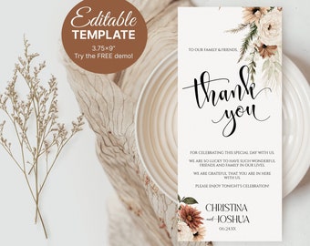 Thank You Napkin Note, Place Setting Thank You, Boho Wedding Table Thank You Template, Editable Download, Shower Thank You Card BH