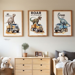 Dinosaur truck wall art, Dinosaurs In Trucks Wall Art, t-rex dinosaur wall, kids construction truck prints set, Dino Construction Wall, Dino