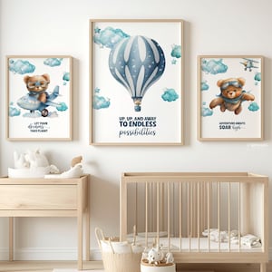 Bear Hot Air Balloon Nursery, Bear hot air Balloon art, Cute Teddy Bear with Balloons, Nursery Decor, up up And Away Nursery Art