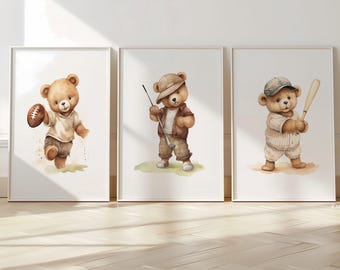 Nursery Wall Art Bear Playing Sports, Vintage Sports Wall Art set, bear theme nursery gallery, Boy Room Decor, toddler boy wall art VT
