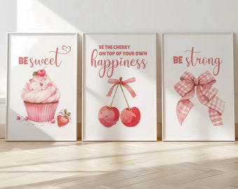 Lot De 4 Posters Coquette Rose - Décoration Murale Tendance Avec Nœuds Et Cerises, Sans Cadre