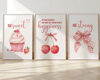 Set Di 3 Poster Da Parete Con Fiocchi Rosa - Stampe Vintage Preppy - 30x40 Cm - Per Camera Da Letto E Dormitori