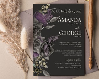 Gotische huwelijksuitnodigingbundel, donkere bloemen bruiloft uitnodigingssjabloon, elegante gotische receptieuitnodiging