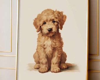 May include: A framed print featuring a watercolor illustration of a fluffy, light brown puppy. The puppy is sitting upright, facing forward, with a sweet expression. The artwork is set against a cream-colored background and framed in gold.
