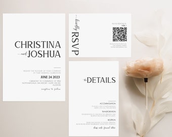 Wedding Invitation suite elegant bundle With Qr Code Rsvp Minimalist Wedding, Downloadable wedding invitations sets minimalist modern MN