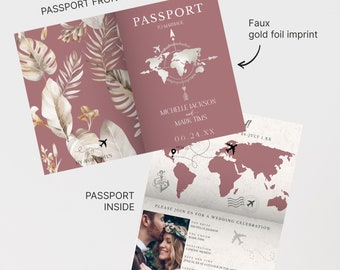 May include: A passport-style wedding invitation with a pink background and gold foil accents. The front cover features a world map with a compass and the text "Passport to Marriage". The back cover features a map with a plane and the text "Michelle Jackson and Mark Tims 06.24.XX". The inside of the invitation features a photo of the couple and the text "Please join us for a wedding celebration".