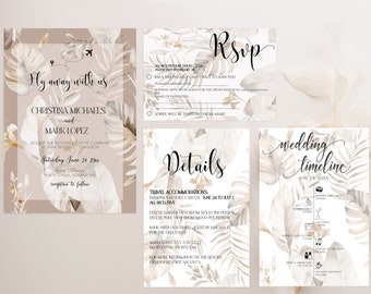 Tropical Floral Invite Download, Wedding Invitation Set, Destination Wedding Invite, Tropical Floral Wedding Invitations, Palm Leaf PP