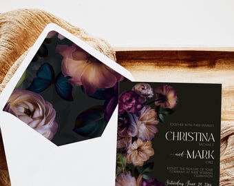 Moody Floral Fall Wedding Printable Template, Invitation Bundle, Wedding Invites Digital, Editable Template, art nouveau wedding invitation