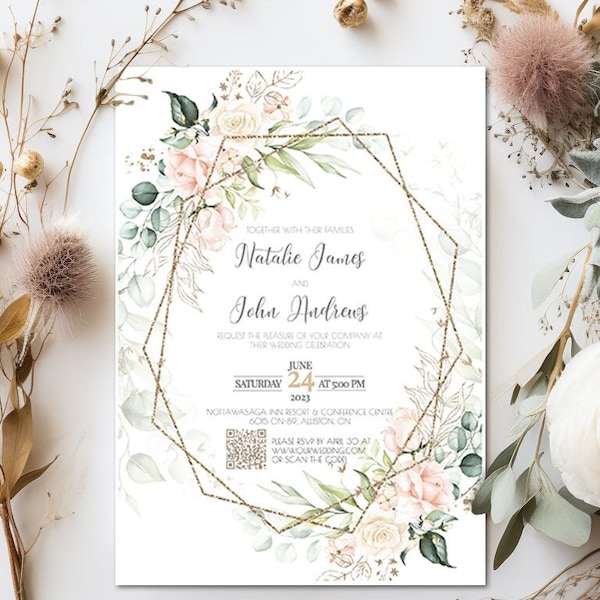 Sage Green and Blush Pink Wedding Invitation Etsy