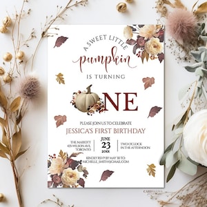 Invitación de cumpleaños de Pumpkin Patch, fiesta de primer cumpleaños con temática de otoño, invitación digital "Nuestra pequeña calabaza cumple un año", "Nuestra calabaza"