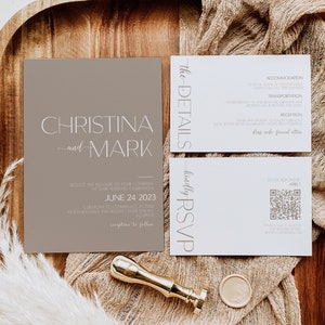 Boho Wedding invitation with QR code, Wedding Invitations set taupe, Minimal Neutral Wedding Invitation Suite, Downloadable invites NT