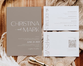Boho Wedding invitation with QR code, Wedding Invitations set taupe, Minimal Neutral Wedding Invitation Suite, Downloadable invites NT