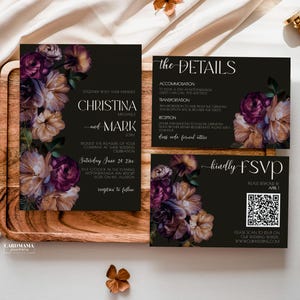 Moody Fall Wedding Invitation Suite, Dark Moody Floral Wedding Invitation, Elegant Printable Template, Customizable RSVP, Gothic Floral