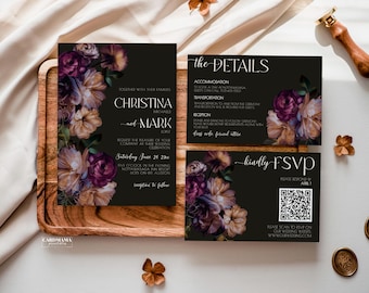 personalized wedding invitations, Moody Wedding Invitation Bundle, traditional wedding invitations, dark romance, Elegant Printable