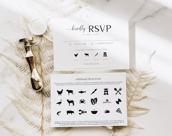 Rsvp Cards For Wedding With Menu Choices, Wedding Menu Choice, Modern Wedding Reply Card, Instant Download, Meal Options Diy Rsvp Card MN