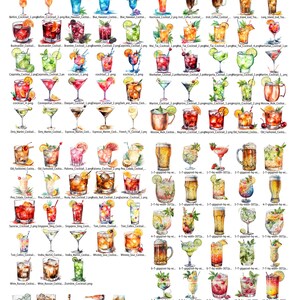 May include: A watercolor illustration of over 115 different cocktails, each depicted in a glass with various garnishes and ingredients. The cocktails are arranged in rows, with the names of each cocktail listed below.