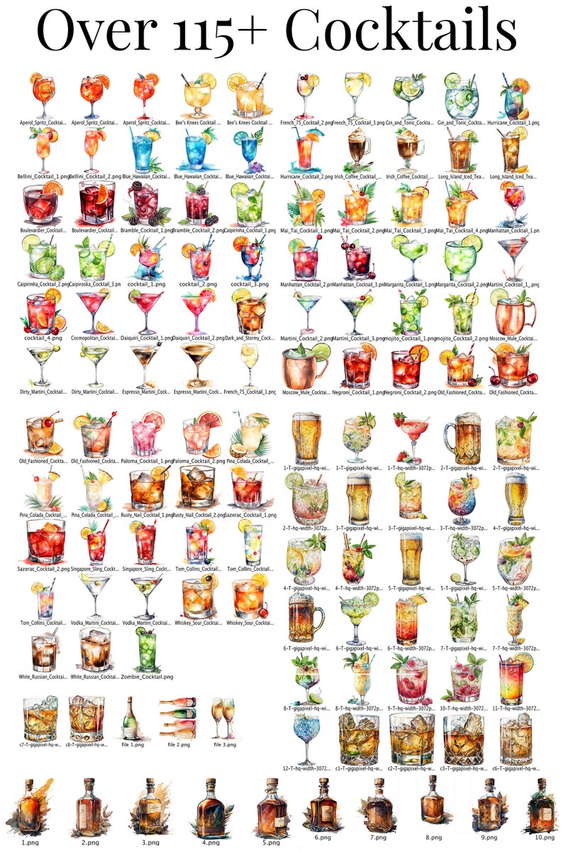 May include: A watercolor illustration of over 115 different cocktails, each depicted in a glass with various garnishes and ingredients. The cocktails are arranged in rows, with the names of each cocktail listed below.