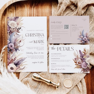 Lavender Wedding Invitations, Elegant Sage Floral Template, Printable RSVP, Boho Wedding Invite Set, lilac wildflower invite