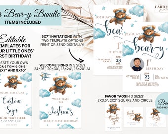 Beary First Birthday Bundle, Beary First Birthday Evite, Beary First Birthday Welcome Sign, Beary First Birthday Tag BB