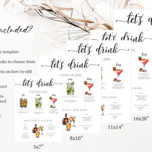 May include: A printable digital download for a wedding or party drink menu. The menu is customizable and includes 115+ signature drinks to choose from. The menu is available in 5 sizes: 5x7 inches, 8x10 inches, 11x14 inches, 16x20 inches, and 18x24 inches. The menu features a watercolor illustration of a cocktail with a strawberry garnish.