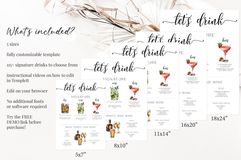 May include: A printable digital download for a wedding or party drink menu. The menu is customizable and includes 115+ signature drinks to choose from. The menu is available in 5 sizes: 5x7 inches, 8x10 inches, 11x14 inches, 16x20 inches, and 18x24 inches. The menu features a watercolor illustration of a cocktail with a strawberry garnish.