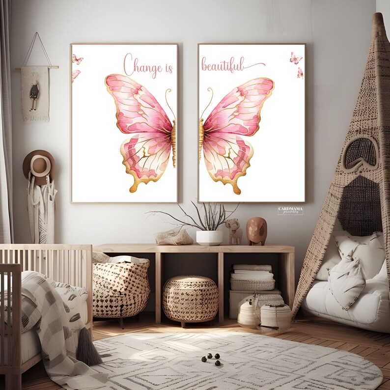 Butterfly Art Print Set Trendy Pink Room Decor, Inspirational Quotes
