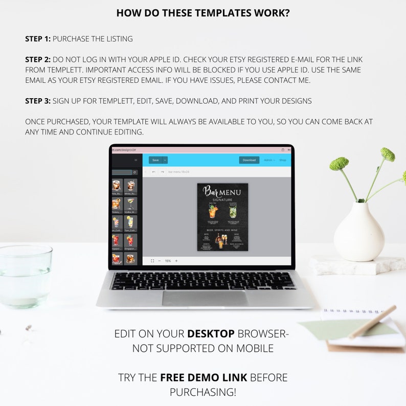 May include: A laptop screen displaying a bar menu template with a chalkboard background and a variety of cocktails. The text "Bar Menu Signature" is displayed on the template. The text "Edit on your Desktop Browser - Not Supported on Mobile" is displayed below the laptop. The text "Try the Free Demo Link Before Purchasing!" is displayed below the previous text.