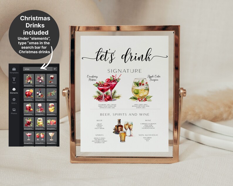 May include: Printable sign with the text "let's drink" in black cursive font. The sign lists a Christmas drink menu with signature cocktails, beer, spirits, wine, and non-alcoholic options. The signature cocktails are illustrated with watercolor images of cranberry martini and apple cider sangria.