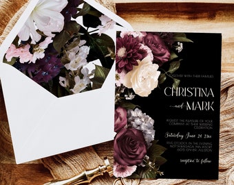 dark moody suite, dark moody wedding, Moody Floral Invitation, Moody Gothic Flower wedding invitation, Moody wedding invitation MD