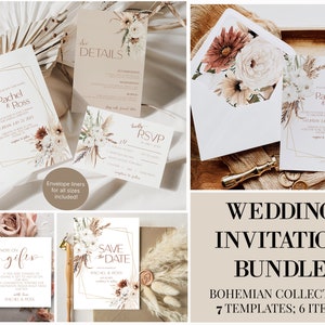 Wildflower wedding invitation set, boho wedding invite, bohemian, wedding invitation suite, terracotta wedding stationery template BH