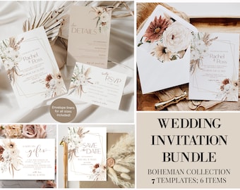 May include: A wedding invitation bundle featuring a bohemian design. The set includes invitation cards, RSVP cards, and details cards. The cards have floral and geometric designs with the names "Rachel & Ross" printed on them. The text "Wedding Invitation Bundle" is also visible.