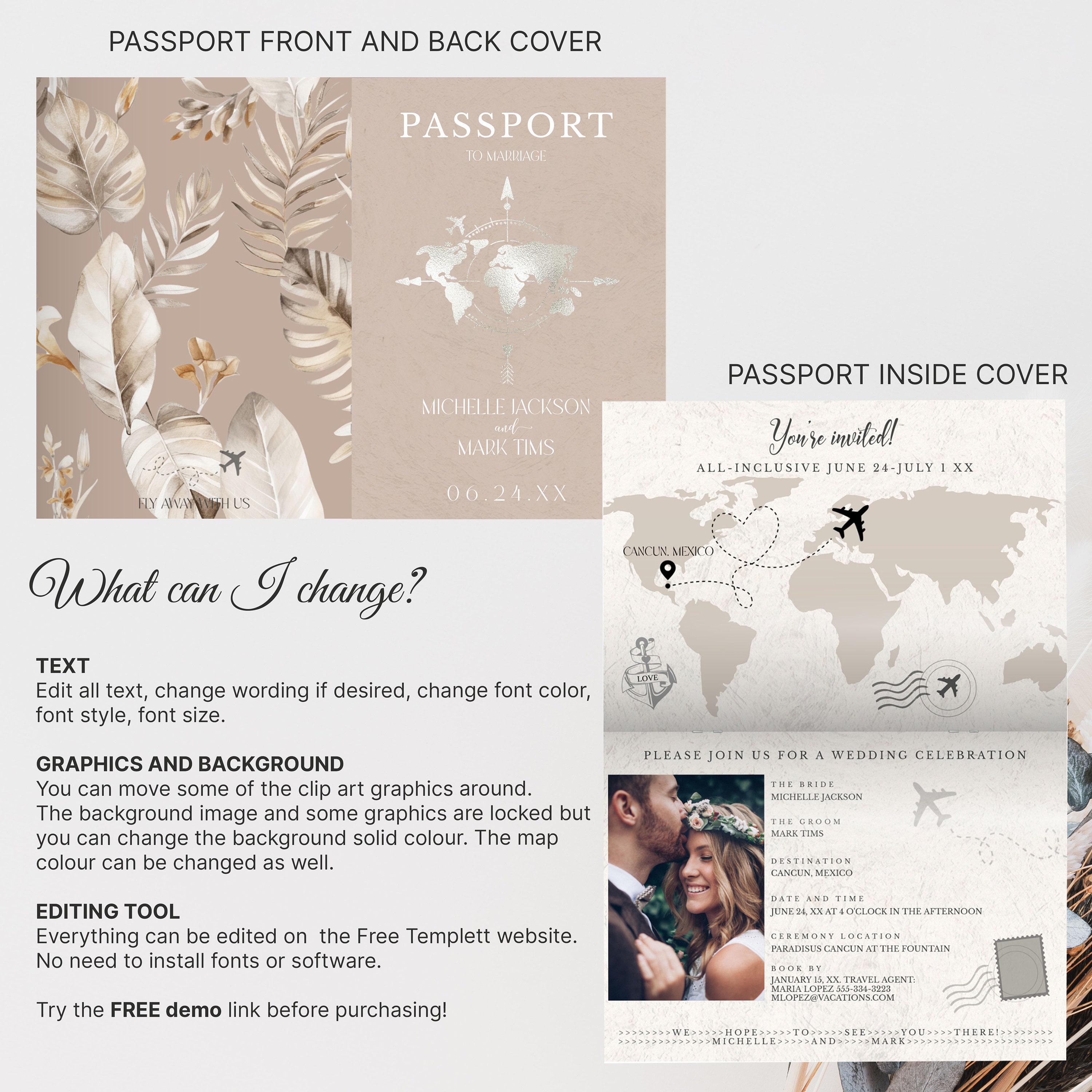 Gold Foil Printable Passport Wedding Invitation Template DIY, Passport Invitation With Qr Code ...