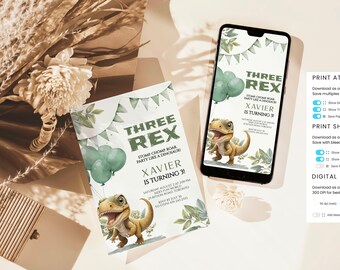 Zaproszenie na urodziny z motywem dinozaura, edytowalne zaproszenie na drugie urodziny z motywem dinozaura, dwa dinozaury Rex, zaproszenie na trzy dinozaury Rex dla chłopca, drugie urodziny dinozaura
