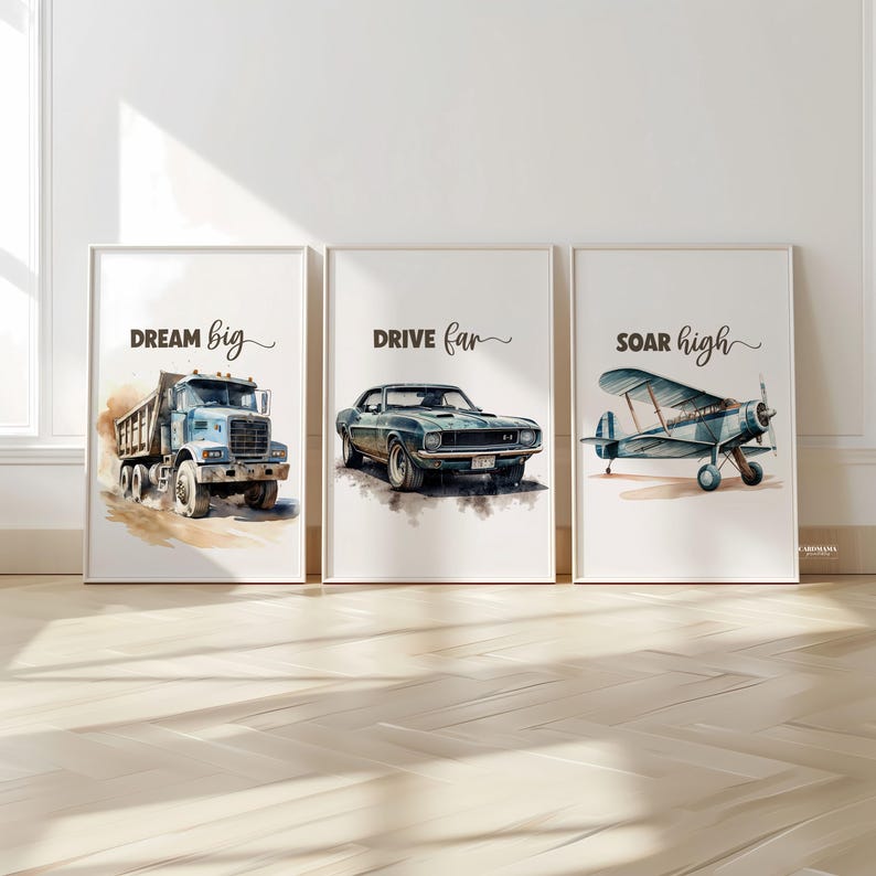 Airplane Wall Art Boys Room, Nursery Wall Art Trucks Cars Plane