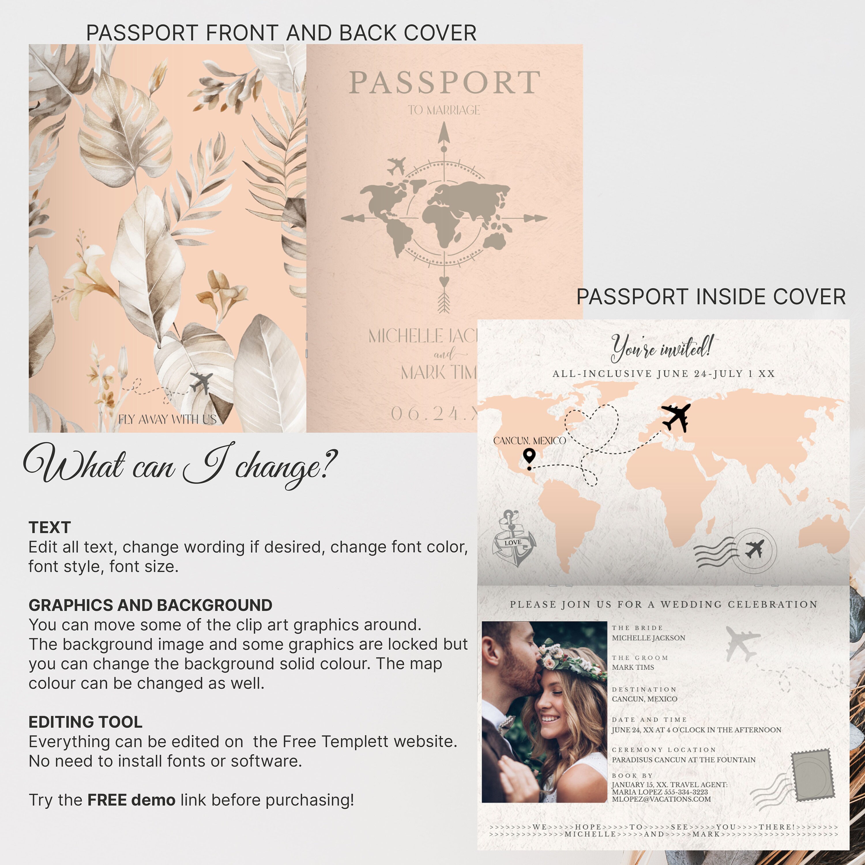 Peach Fuzz Printable Passport Wedding Invitation Template, Destination Wedding Invite Passport ...