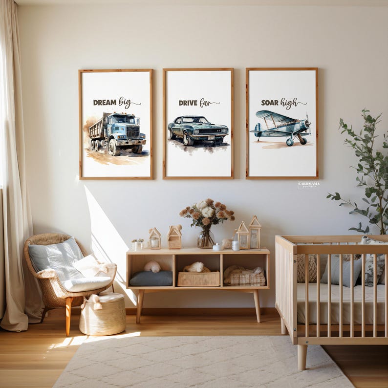 Airplane Wall Art Boys Room, Nursery Wall Art Trucks Cars Plane