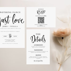 Nothing Fancy Just Love rsvp, digital invitation, With Qr code, wedding invite minimalistic, simple wedding invitation set black white MN