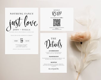 Wedding Invitations For Private Ceremony, Nothing Fancy Just Love Wedding Invites Bundle, digital, Qr code, wedding invite minimalistic MN