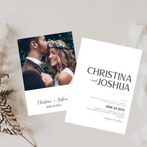 May include: Wedding invitation with a photo of a couple in a white and brown setting. The invitation reads "Christina and Joshua" with the date "June 24, 2023".
