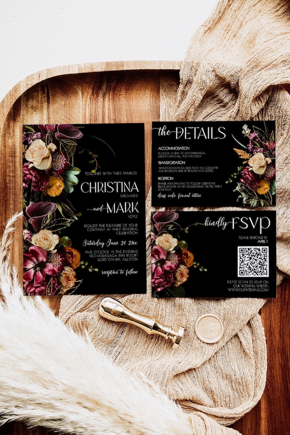Moody Fall Wedding Invitation, Dark And Moody Floral Invitation, Burgundy and Black Wedding, Autumn Wedding Invite, Fall Wedding Invites MDO