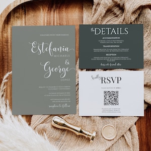 Sage Green Wedding Invitation Set, Sage Green Wedding Invitation Suite with QR code, Wedding invitation suite sage, olive green wedding MS