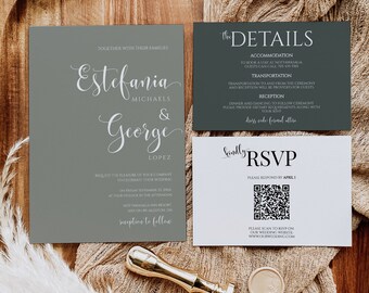 Sage Green Wedding Invitation Set, Sage Green Wedding Invitation Suite with QR code, Wedding invitation suite sage, olive green wedding MS