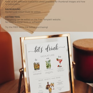 May include: A printable wedding sign with the text "let's drink" in a handwritten font. The sign lists signature cocktails for the bride and groom, as well as beer, spirits, and wine options.