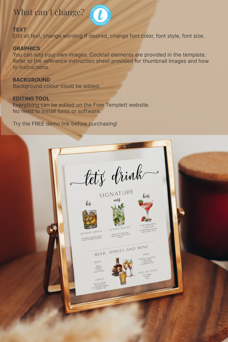 May include: A printable wedding sign with the text "let's drink" in a handwritten font. The sign lists signature cocktails for the bride and groom, as well as beer, spirits, and wine options.