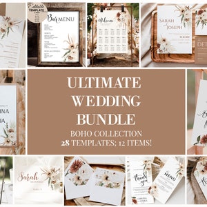Wedding invite and seating chart bundle, Wedding Sign Bundle template fall, Wedding Signs Bundle Boho, Boho Wedding invite and signage BH