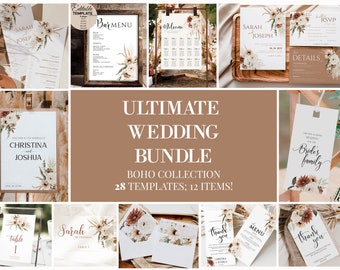 May include: A collection of 28 printable wedding templates in a boho style with floral and greenery designs. The templates include a welcome sign, bar menu, seating chart, RSVP card, details card, table number cards, thank you tags, and more. The text on the templates includes "Welcome to the Wedding of Christina and Joshua", "Bar Menu", "Welcome", "Sarah and Joseph", "Details", "RSVP", "Table 1", "Sarah McDonald", "Thank You", "Menu", "Brides Family", and "Ultimate Wedding Bundle: Boho Collection 28 Templates; 12 Items!"