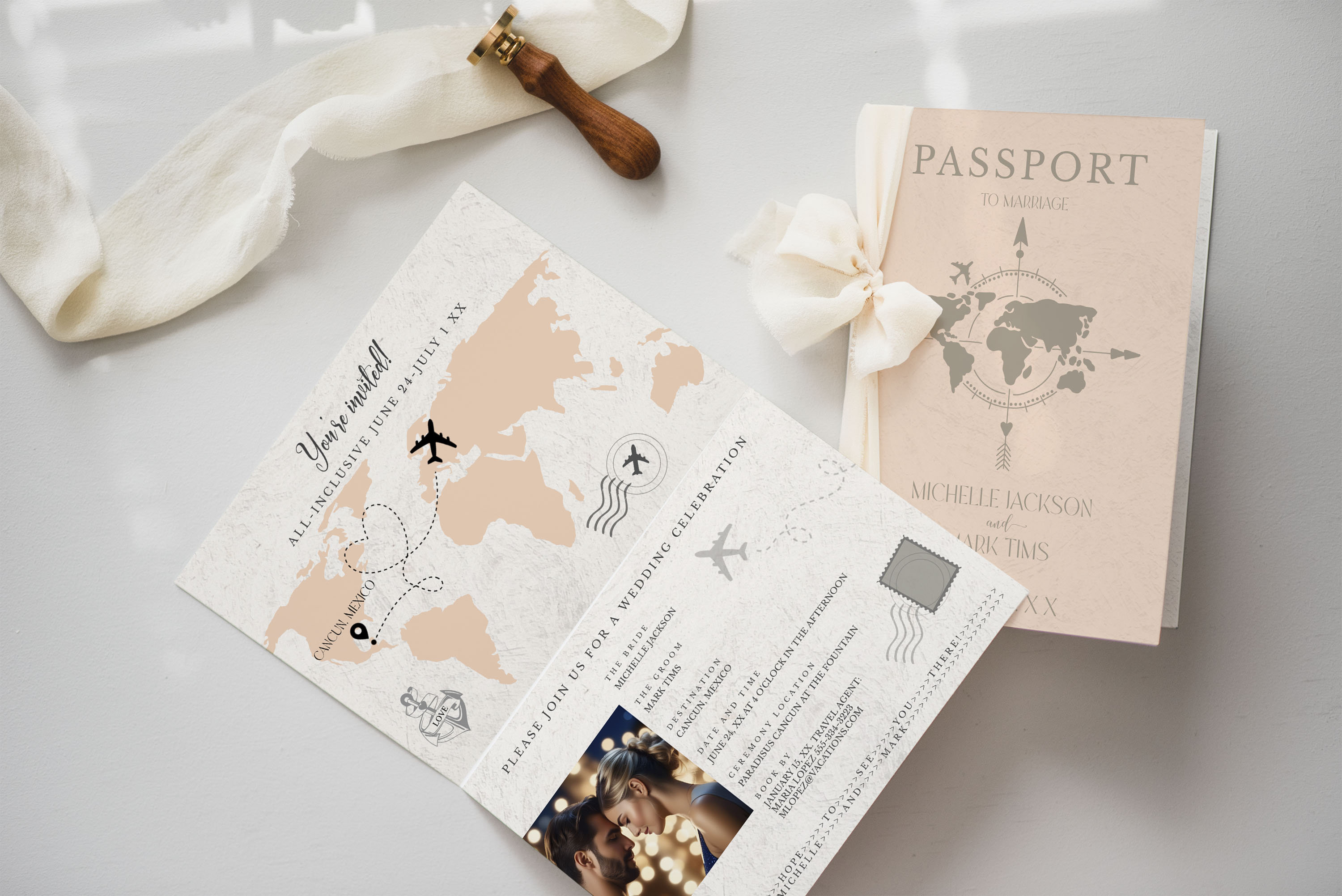 Peach Fuzz Printable Passport Wedding Invitation Template Destination Wedding Invite Printable ...